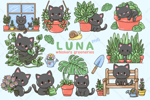 Download Kawaii Black Cat &amp; House Plants - Black Collection